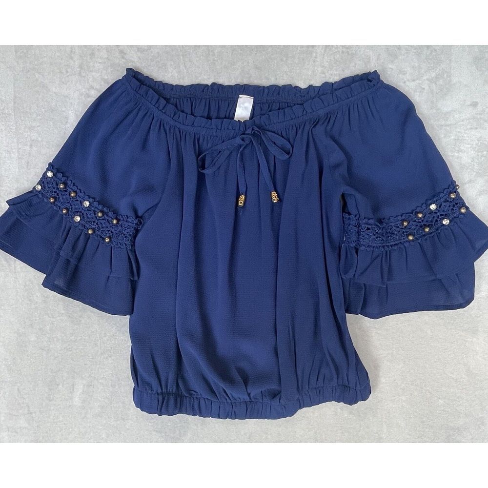 Junior Shirt Womens One Size Blue Boho Fairy Y2K Cropped Beaded Rhinestone‎
